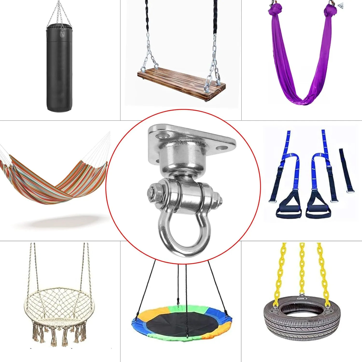 Silent Bearing Swivel Swing Hanger Stainless Steel Heavy Duty 180° 360° Swivel Swing Hook 1500 lb Capacity Playground Yoga Hammock Chair Rope sandbag Porch Swing Bag Sleeve