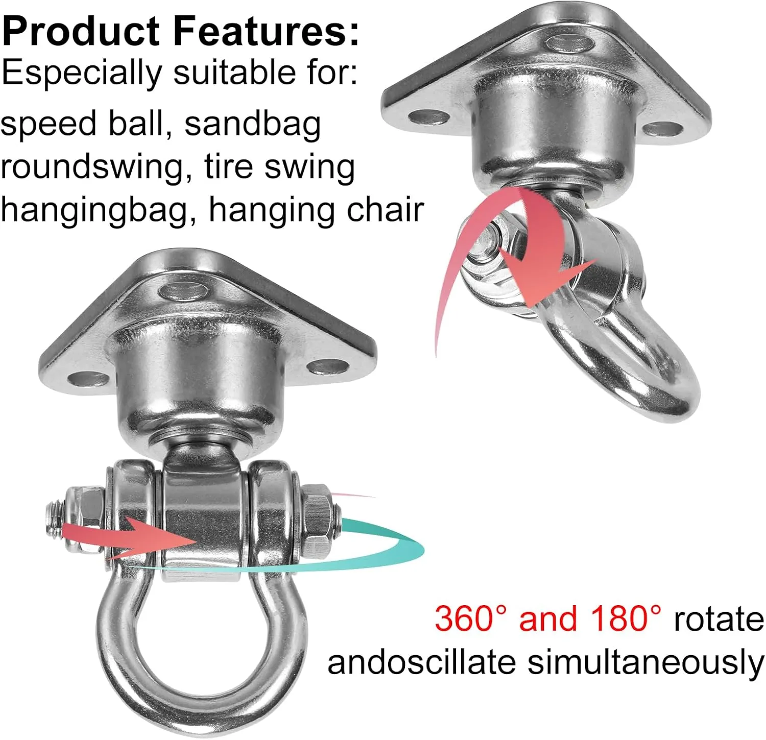 Silent Bearing Swivel Swing Hanger Stainless Steel Heavy Duty 180° 360° Swivel Swing Hook 1500 lb Capacity Playground Yoga Hammock Chair Rope sandbag Porch Swing Bag Sleeve