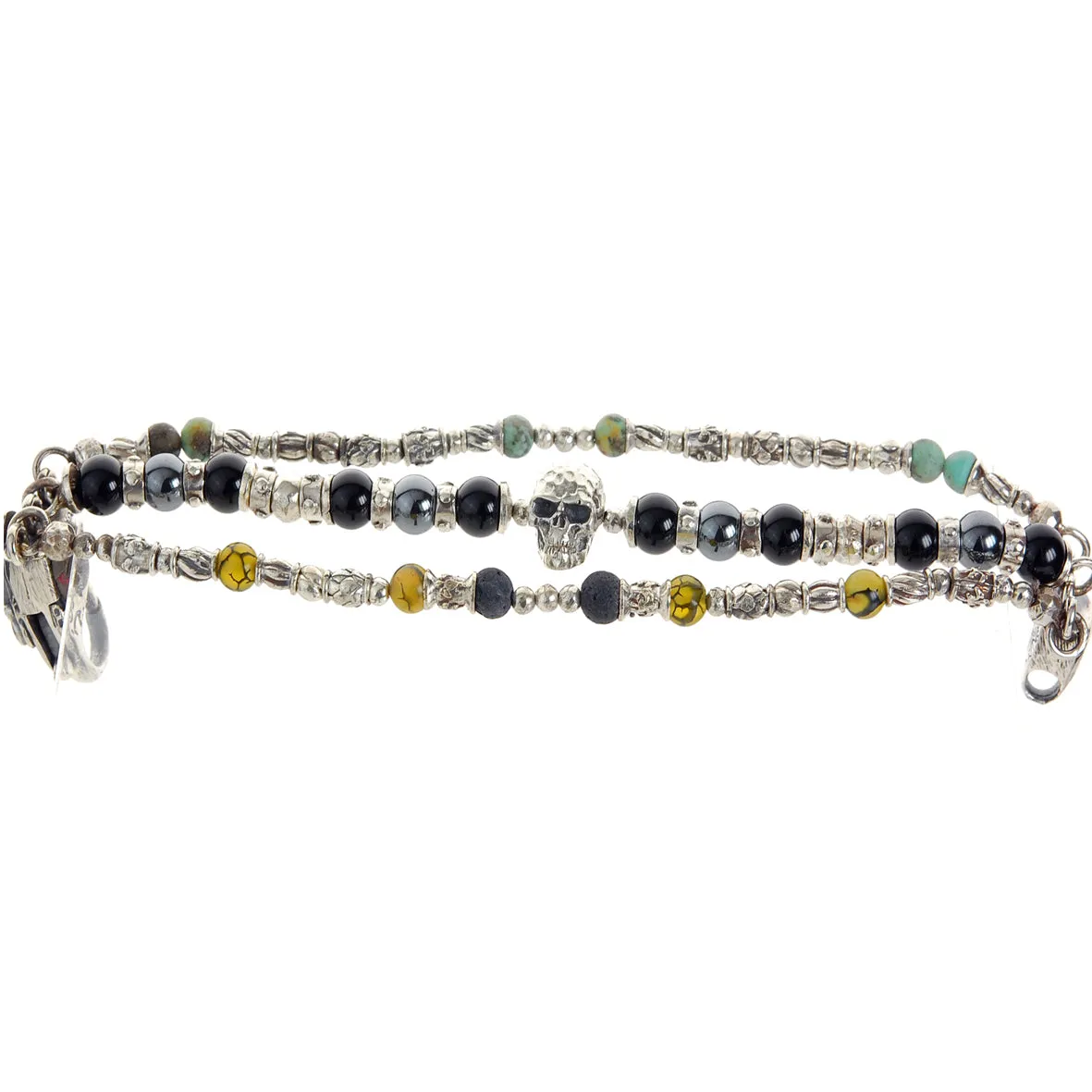 Silver Bracelet Silver Beads and TUBES and SKULL Hammered and Stone Beads
