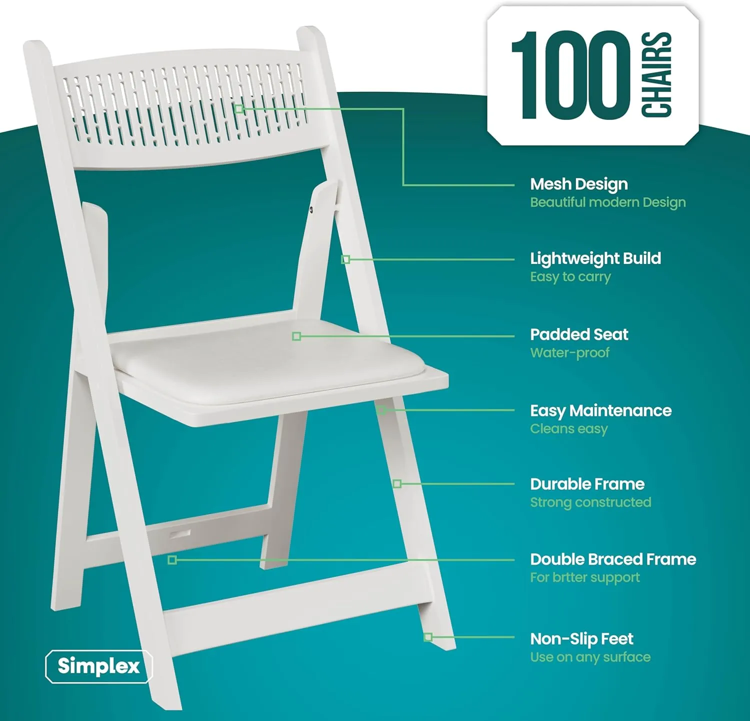 SIMPLEX White Stackable Folding Chairs with Padded Seat & Mesh Back, Padded Indoor/Outdoor Folding Chair, Lightweight Foldable Chairs, Weight Capacity 800LBs (100 Pack)