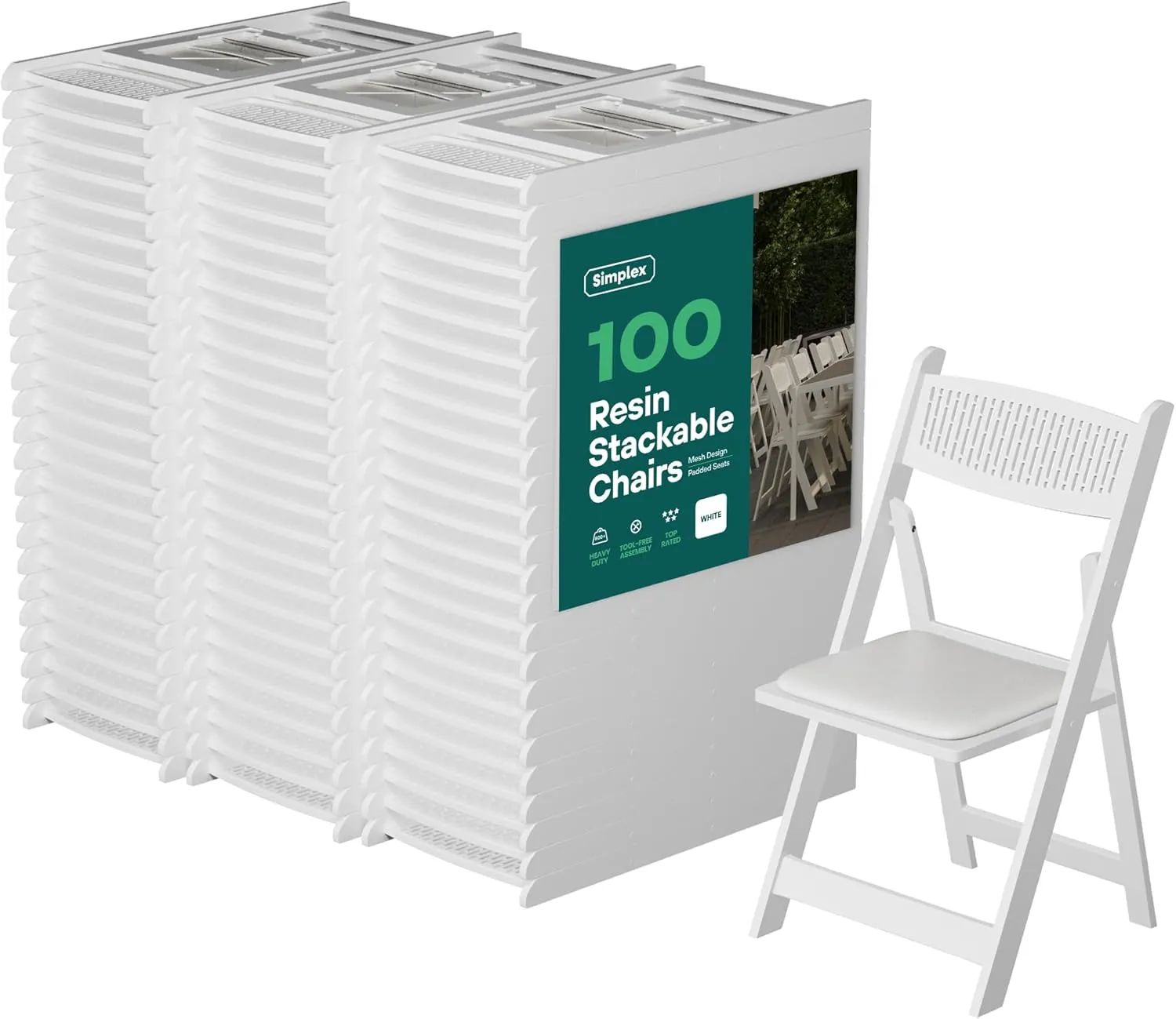 SIMPLEX White Stackable Folding Chairs with Padded Seat & Mesh Back, Padded Indoor/Outdoor Folding Chair, Lightweight Foldable Chairs, Weight Capacity 800LBs (100 Pack)