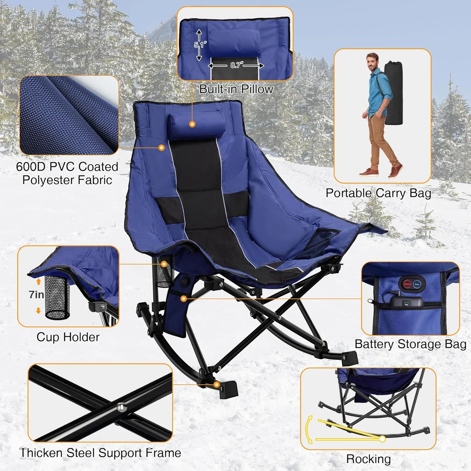 Slendor Oversized Rocking Camping Chair, Heated Camping Chair with 3 Heat Levels, Portable Outdoor Rocker Chair, High Back, Pillow, Carry Bag, Padded, Supports 330 lbs, Navy Blue