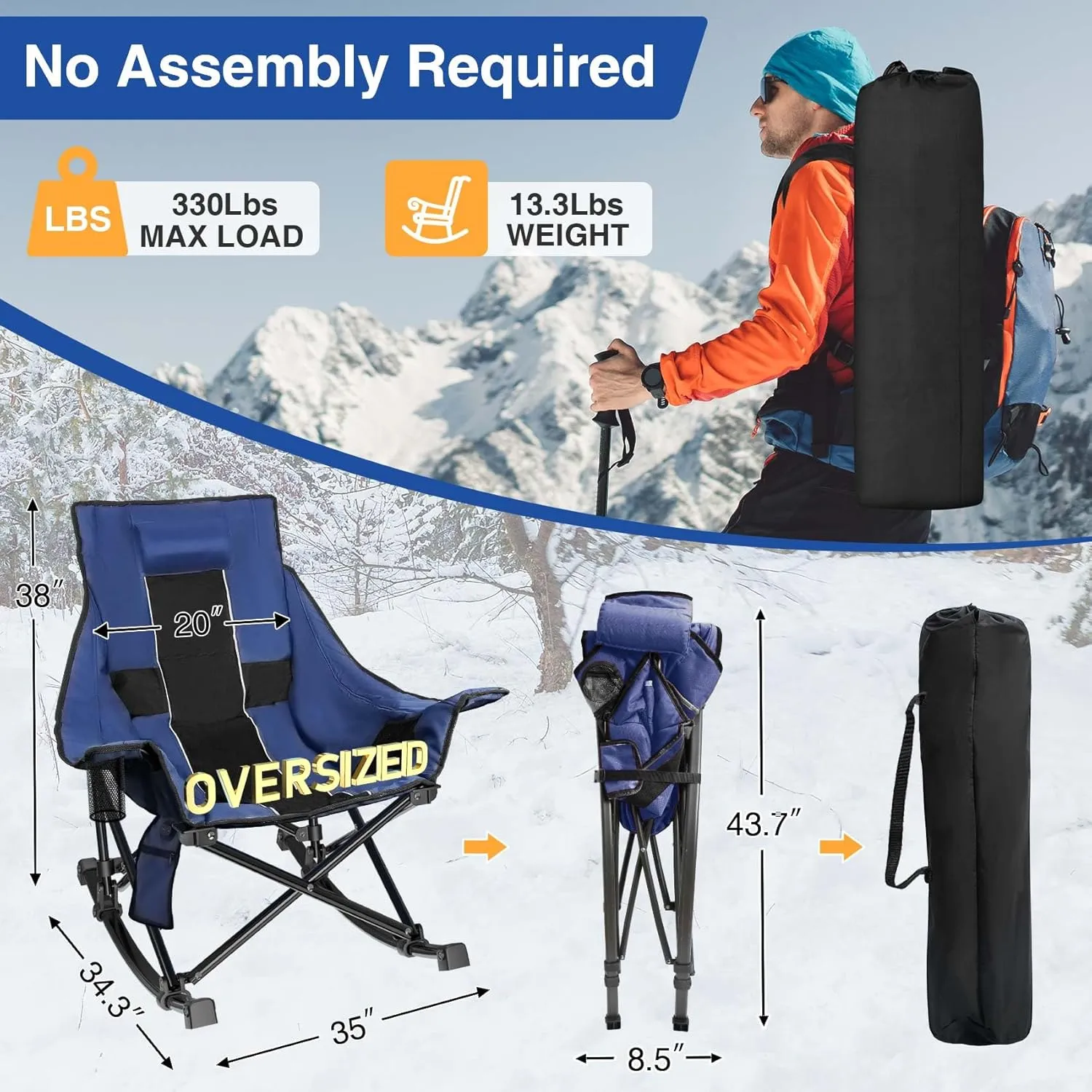 Slendor Oversized Rocking Camping Chair, Heated Camping Chair with 3 Heat Levels, Portable Outdoor Rocker Chair, High Back, Pillow, Carry Bag, Padded, Supports 330 lbs, Navy Blue