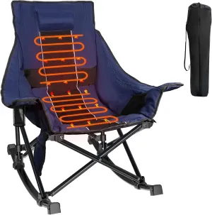 Slendor Oversized Rocking Camping Chair, Heated Camping Chair with 3 Heat Levels, Portable Outdoor Rocker Chair, High Back, Pillow, Carry Bag, Padded, Supports 330 lbs, Navy Blue