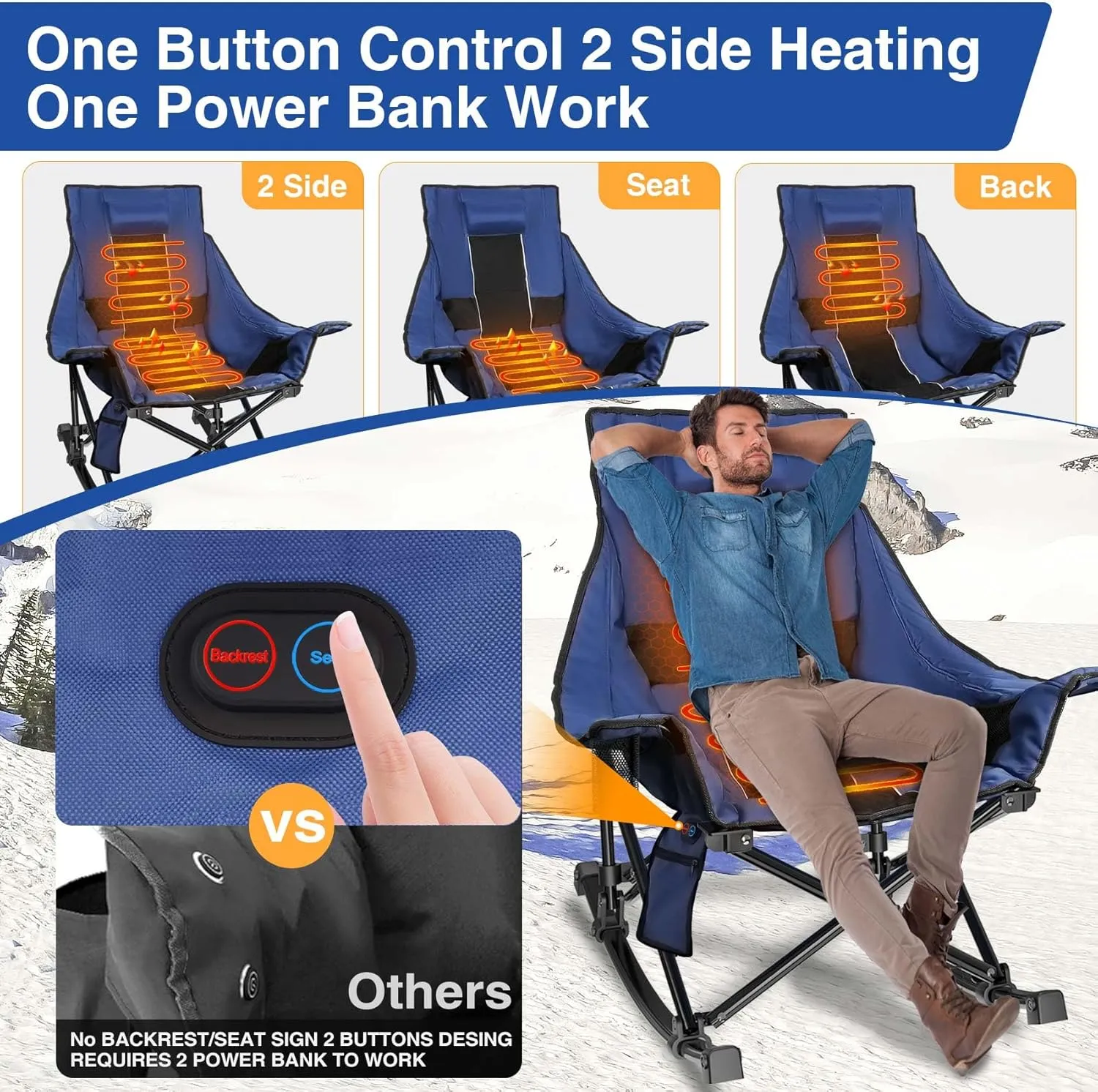 Slendor Oversized Rocking Camping Chair, Heated Camping Chair with 3 Heat Levels, Portable Outdoor Rocker Chair, High Back, Pillow, Carry Bag, Padded, Supports 330 lbs, Navy Blue