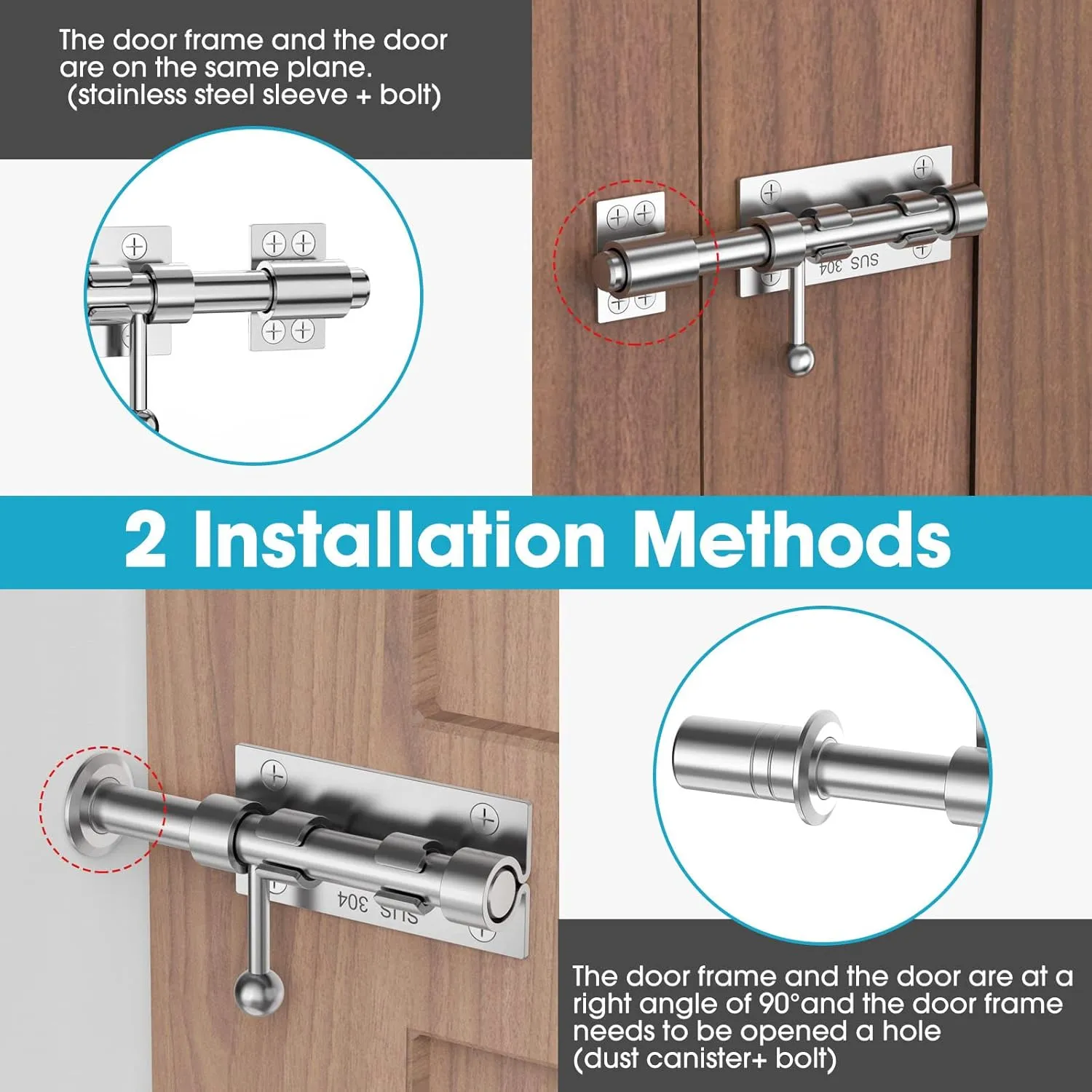 Slide Bolt Gate Latch Hardware, Barrel Bolt Latch, 6.3 Inch Heavy Duty Solid 304 Stainless Steel Silver Finish Lock for Wooden Fence/Shed/Yard/Barn Door/Interior and Outdoor (2 Pack Silver)