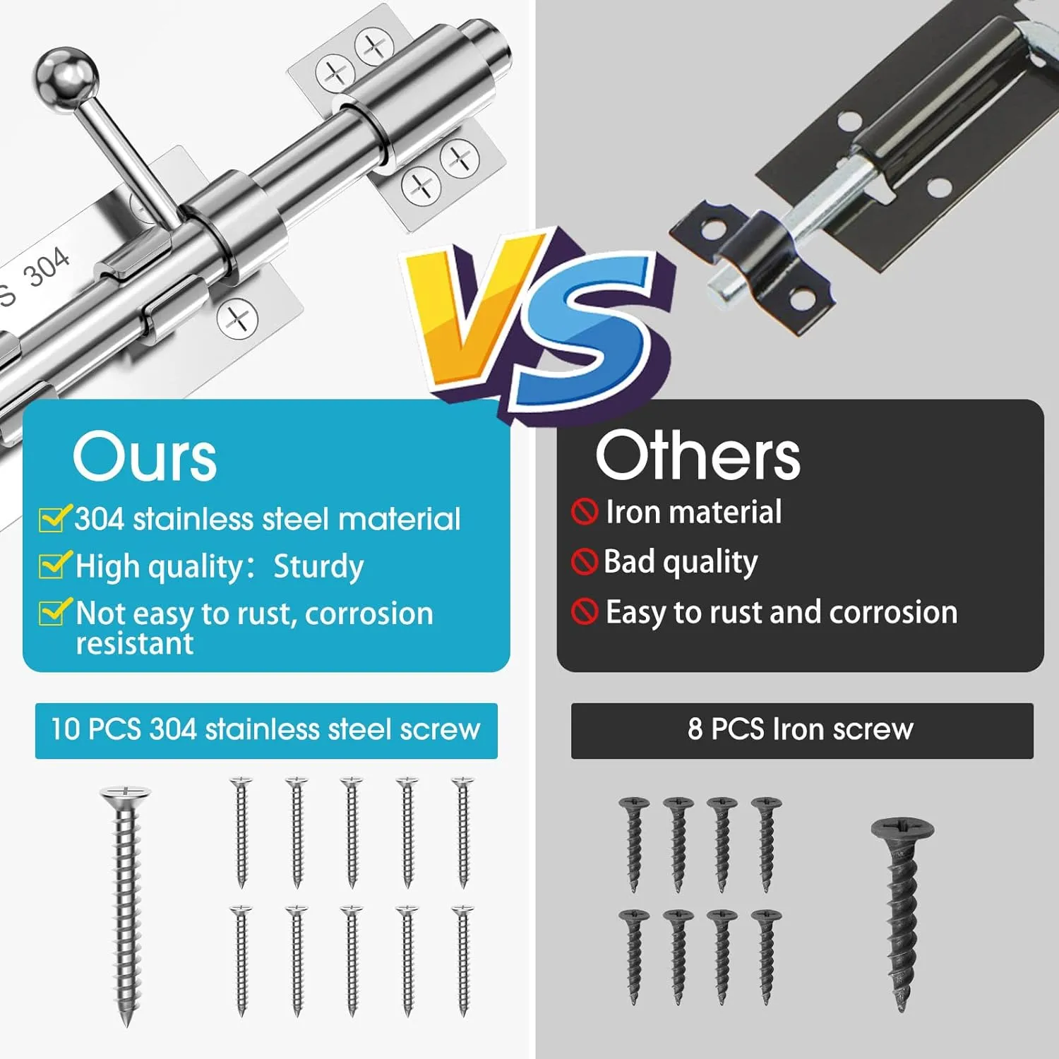 Slide Bolt Gate Latch Hardware, Barrel Bolt Latch, 6.3 Inch Heavy Duty Solid 304 Stainless Steel Silver Finish Lock for Wooden Fence/Shed/Yard/Barn Door/Interior and Outdoor (2 Pack Silver)