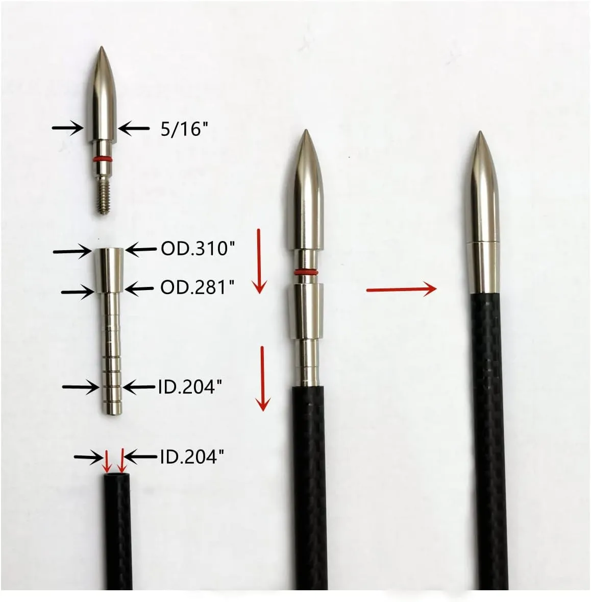 Stainless-Steel Arrow Inserts Suitable for ID .204" .244" Carbon Arrows, Suitable for 5/16" Field Points, Cuttable from 35-200 Grain (A Dozen)