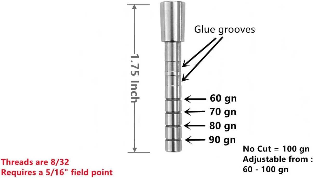 Stainless-Steel Arrow Inserts Suitable for ID .204" .244" Carbon Arrows, Suitable for 5/16" Field Points, Cuttable from 35-200 Grain (A Dozen)