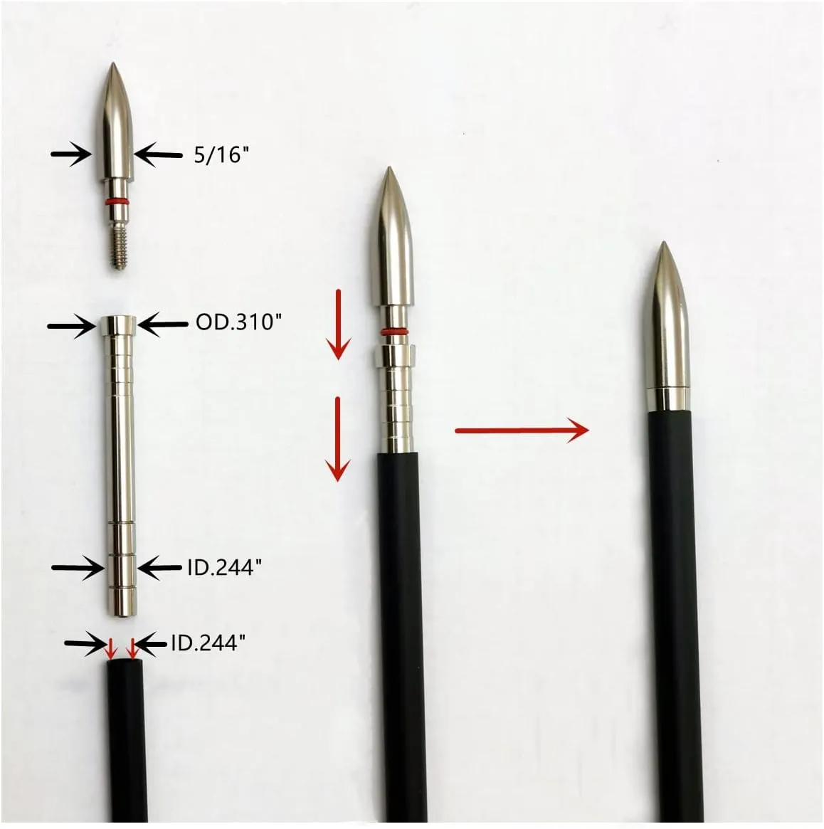Stainless-Steel Arrow Inserts Suitable for ID .204" .244" Carbon Arrows, Suitable for 5/16" Field Points, Cuttable from 35-200 Grain (A Dozen)