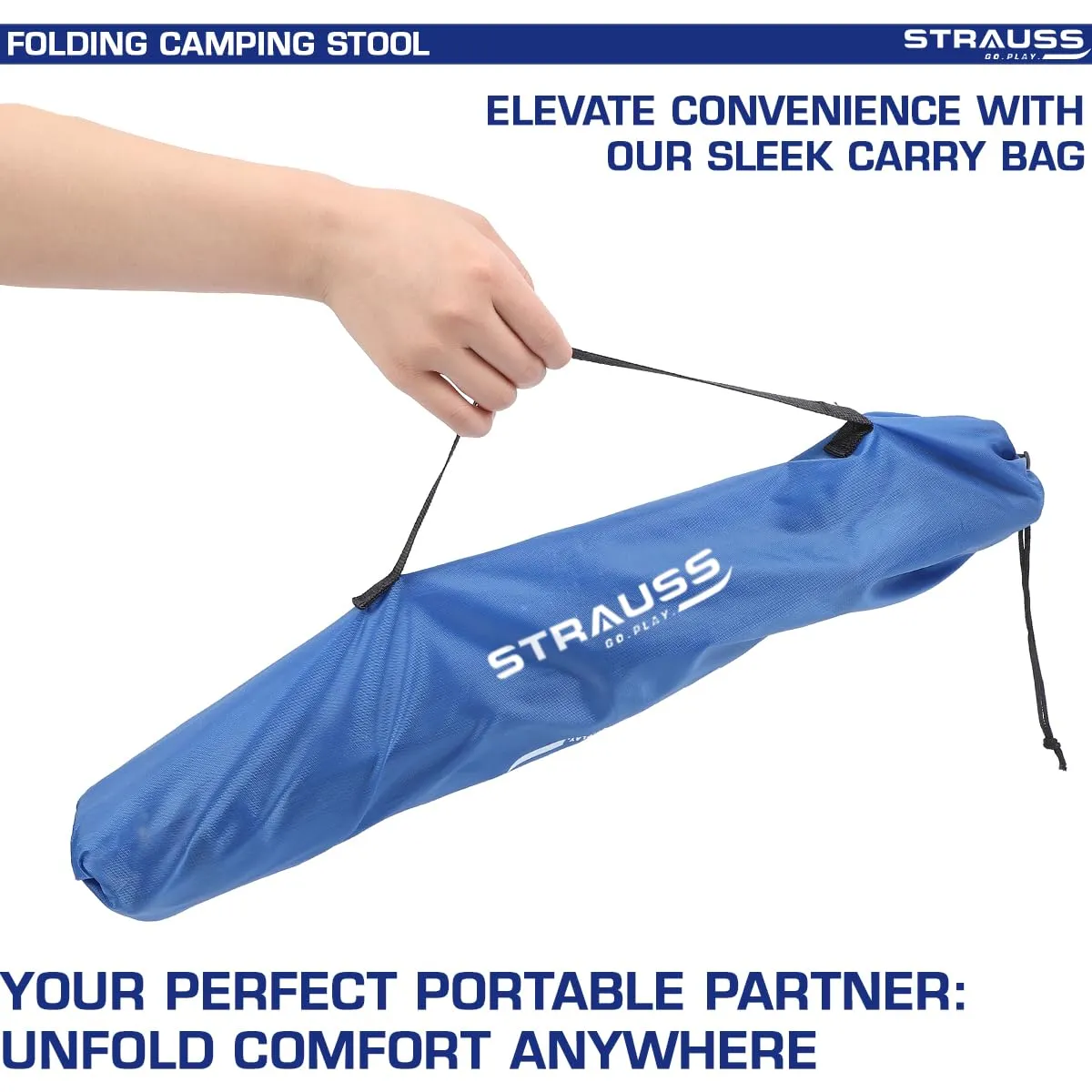 STRAUSS Folding Camping Chair |Portable & Foldable Stool for Camping, Fishing, Gardening, and Beach| 3-Leg Chair|Camping Accessories |Compact Outdoor Seat for Travel,Picnics,Outdoor Activities,(Blue)