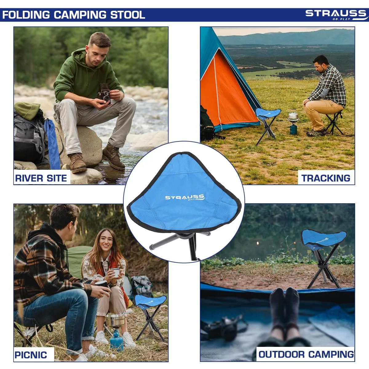 STRAUSS Folding Camping Chair |Portable & Foldable Stool for Camping, Fishing, Gardening, and Beach| 3-Leg Chair|Camping Accessories |Compact Outdoor Seat for Travel,Picnics,Outdoor Activities,(Blue)