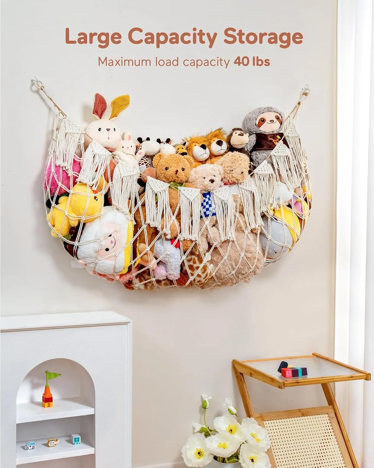 Stuffed Animal Hammock Net with Lights - Big Wall Hanging Stuffed Animal Storage for Plushies and Teddy Bears,Boho Macrame Toy Hammock Organizer Holder for Kids Boys Bedrooms Playroom Nursery （White）