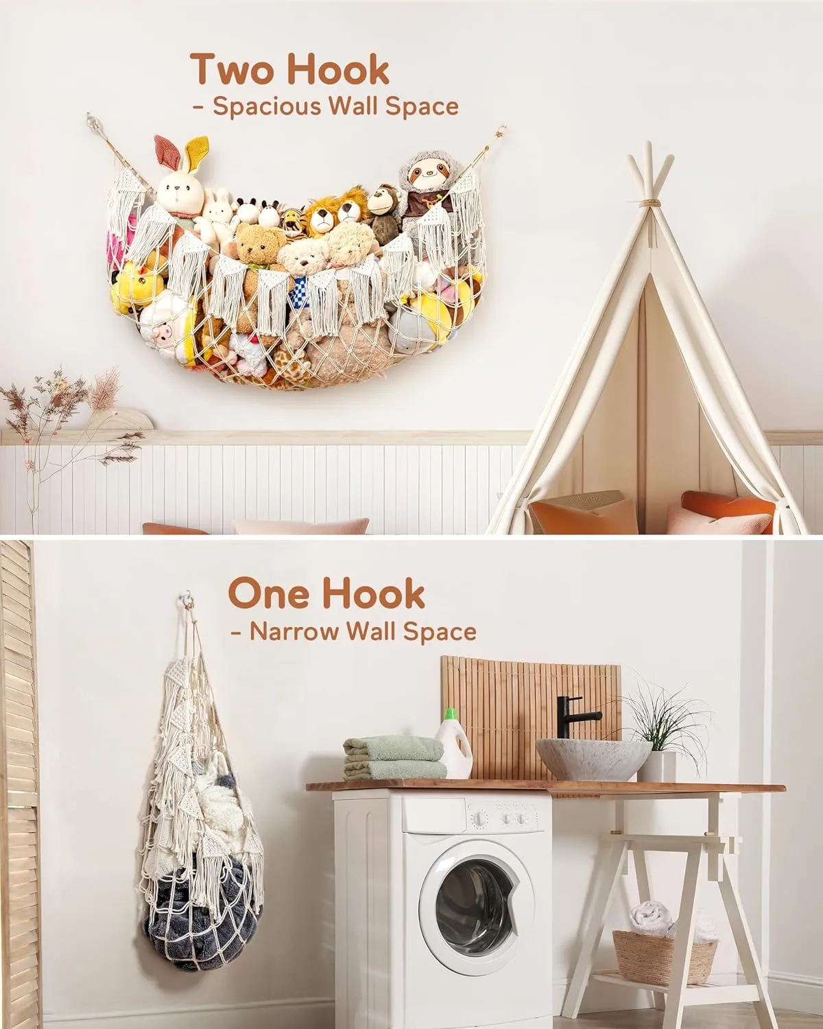 Stuffed Animal Hammock Net with Lights - Big Wall Hanging Stuffed Animal Storage for Plushies and Teddy Bears,Boho Macrame Toy Hammock Organizer Holder for Kids Boys Bedrooms Playroom Nursery （White）