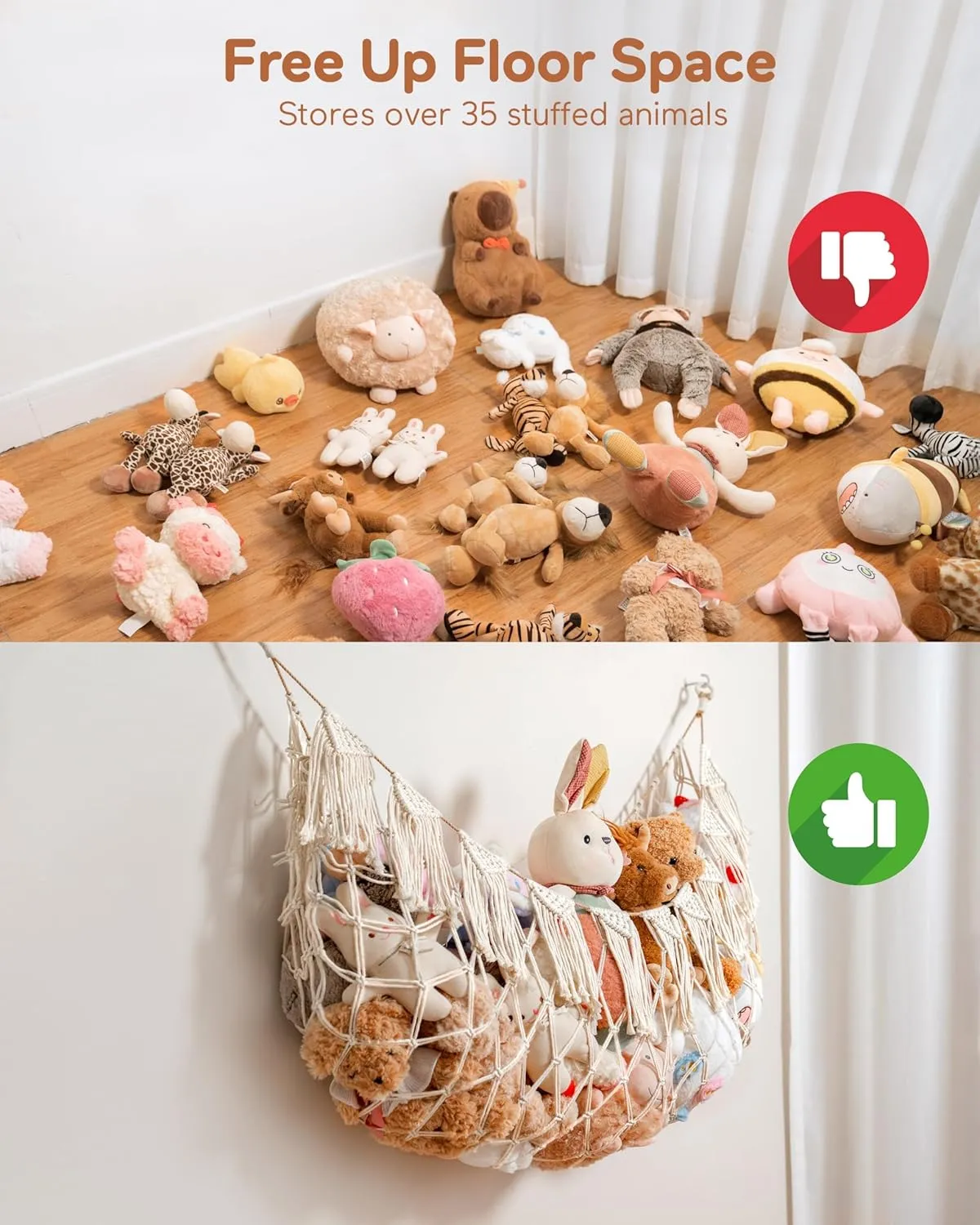 Stuffed Animal Hammock Net with Lights - Big Wall Hanging Stuffed Animal Storage for Plushies and Teddy Bears,Boho Macrame Toy Hammock Organizer Holder for Kids Boys Bedrooms Playroom Nursery （White）