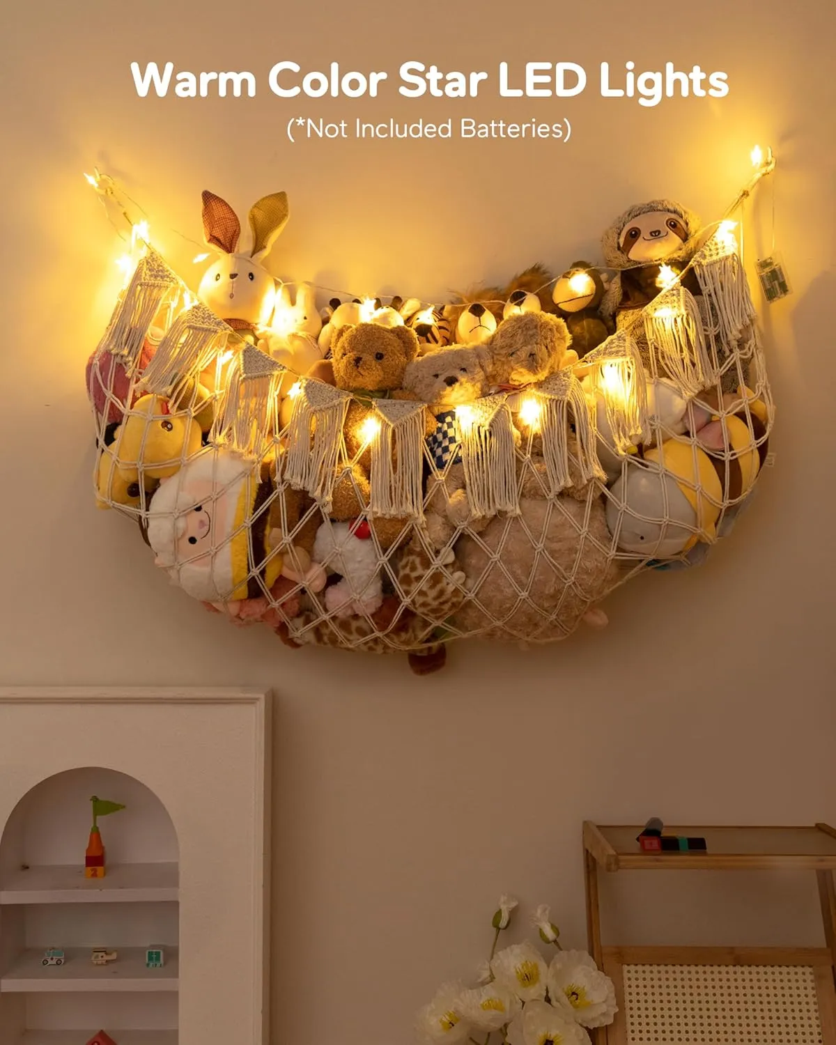 Stuffed Animal Hammock Net with Lights - Big Wall Hanging Stuffed Animal Storage for Plushies and Teddy Bears,Boho Macrame Toy Hammock Organizer Holder for Kids Boys Bedrooms Playroom Nursery （White）