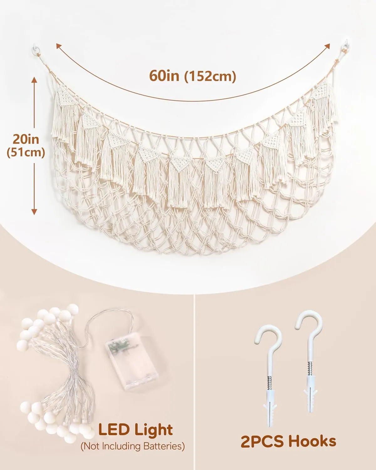 Stuffed Animal Hammock Net with Lights - Big Wall Hanging Stuffed Animal Storage for Plushies and Teddy Bears,Boho Macrame Toy Hammock Organizer Holder for Kids Boys Bedrooms Playroom Nursery （White）
