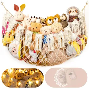 Stuffed Animal Hammock Net with Lights - Big Wall Hanging Stuffed Animal Storage for Plushies and Teddy Bears,Boho Macrame Toy Hammock Organizer Holder for Kids Boys Bedrooms Playroom Nursery （White）