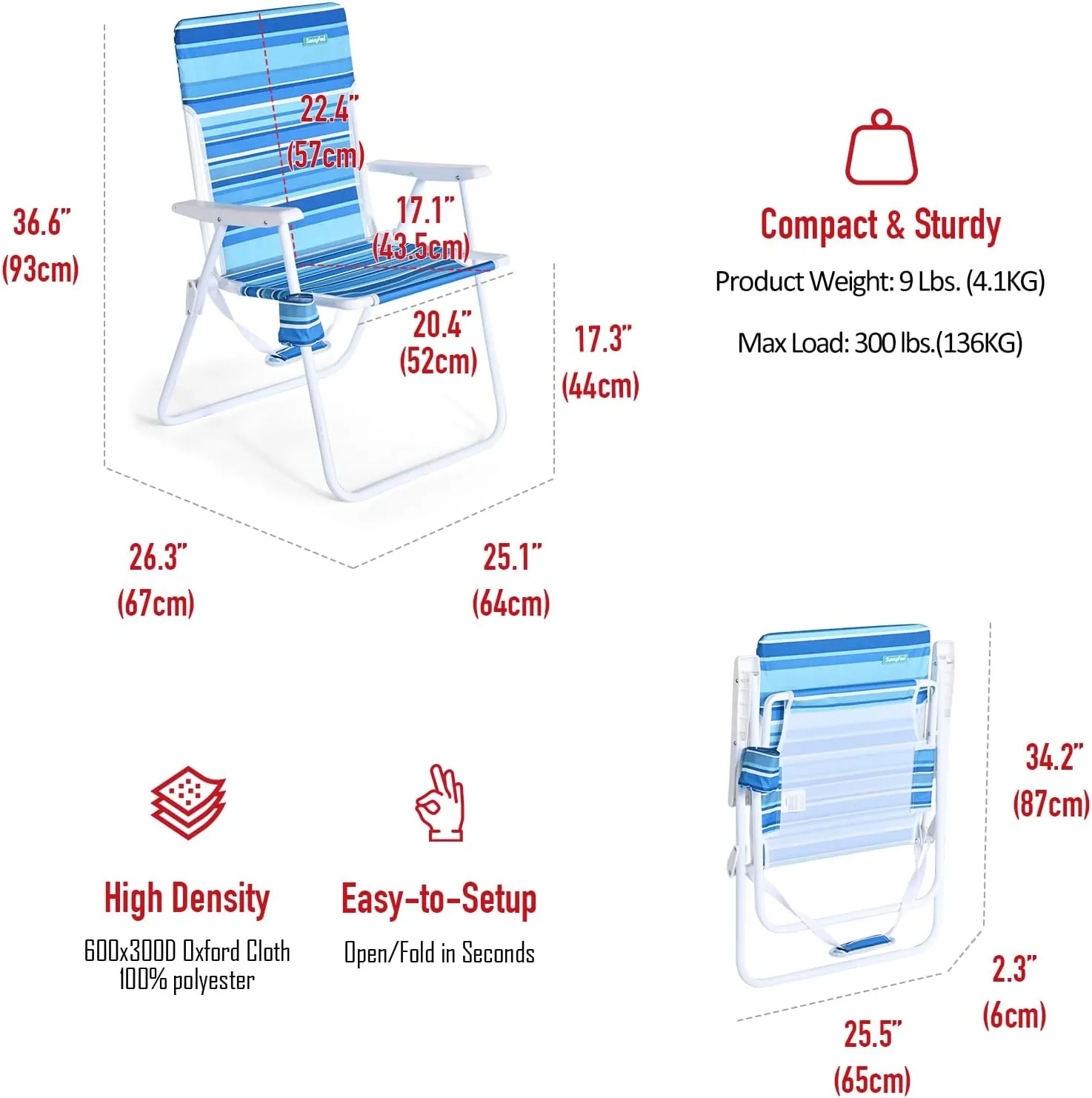 SunnyFeel 15" Tall Folding Beach Chair, Oversized Portable High Seat Sand Chair for Adults Heavy Duty 300 LBS, Foldable Camping Lawn Chairs for Camp/Outdoor/Travel/Picnic/Concert/Sports