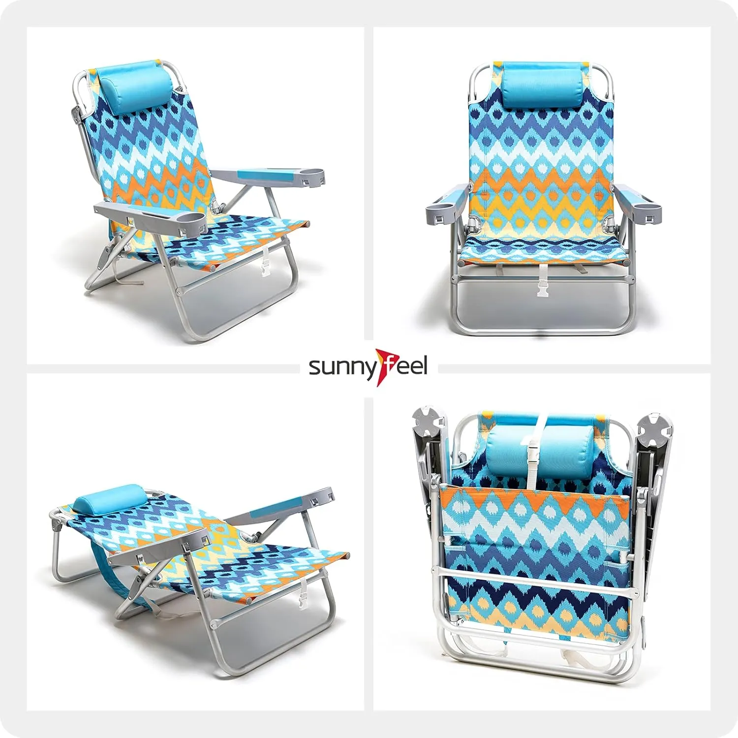 SUNNYFEEL Extra Wide Low Beach Chair 2 Pack 5 Position Lay Flat 500 LBS Heavy Duty, XL Oversized Folding Camping Chairs with Cup Holder for Outdoor/Sand, Portable Backpack Beach Chair for Adults