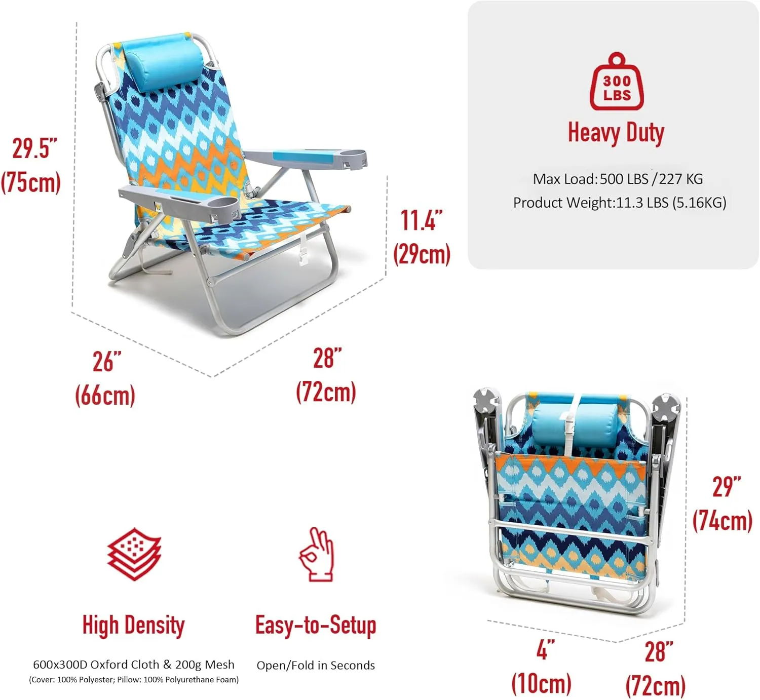 SUNNYFEEL Extra Wide Low Beach Chair 2 Pack 5 Position Lay Flat 500 LBS Heavy Duty, XL Oversized Folding Camping Chairs with Cup Holder for Outdoor/Sand, Portable Backpack Beach Chair for Adults
