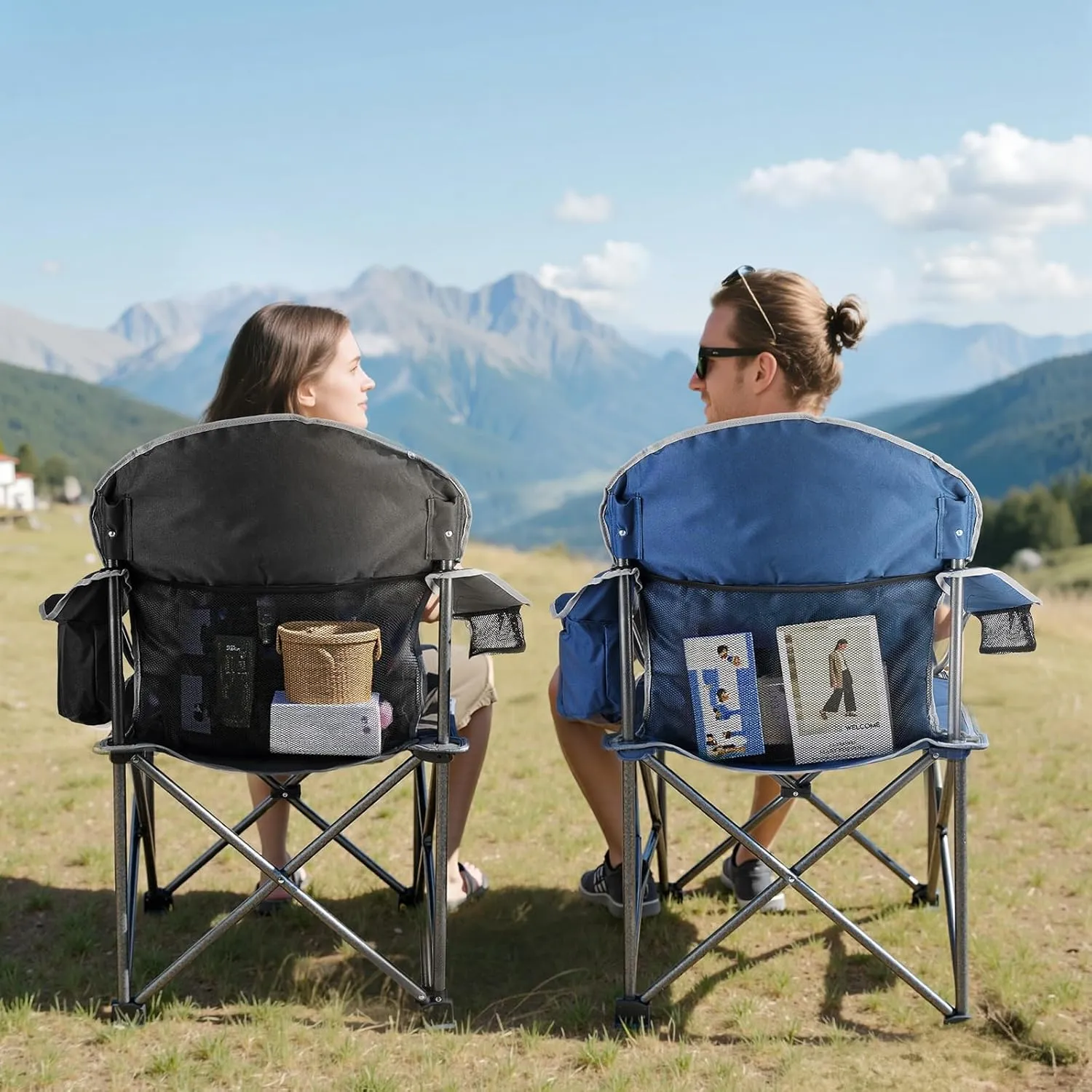 Sweetcrispy Camping Folding Chair, Heavy Duty Support - Foldable Padded Seat with Side Pockets, Cup Holder & Insulated Cooler Bag for Camping, Beach, Fishing, Outdoor Events, BlackGrey