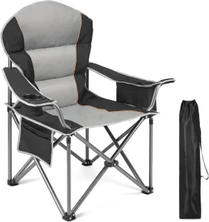 Sweetcrispy Camping Folding Chair, Heavy Duty Support - Foldable Padded Seat with Side Pockets, Cup Holder & Insulated Cooler Bag for Camping, Beach, Fishing, Outdoor Events, BlackGrey