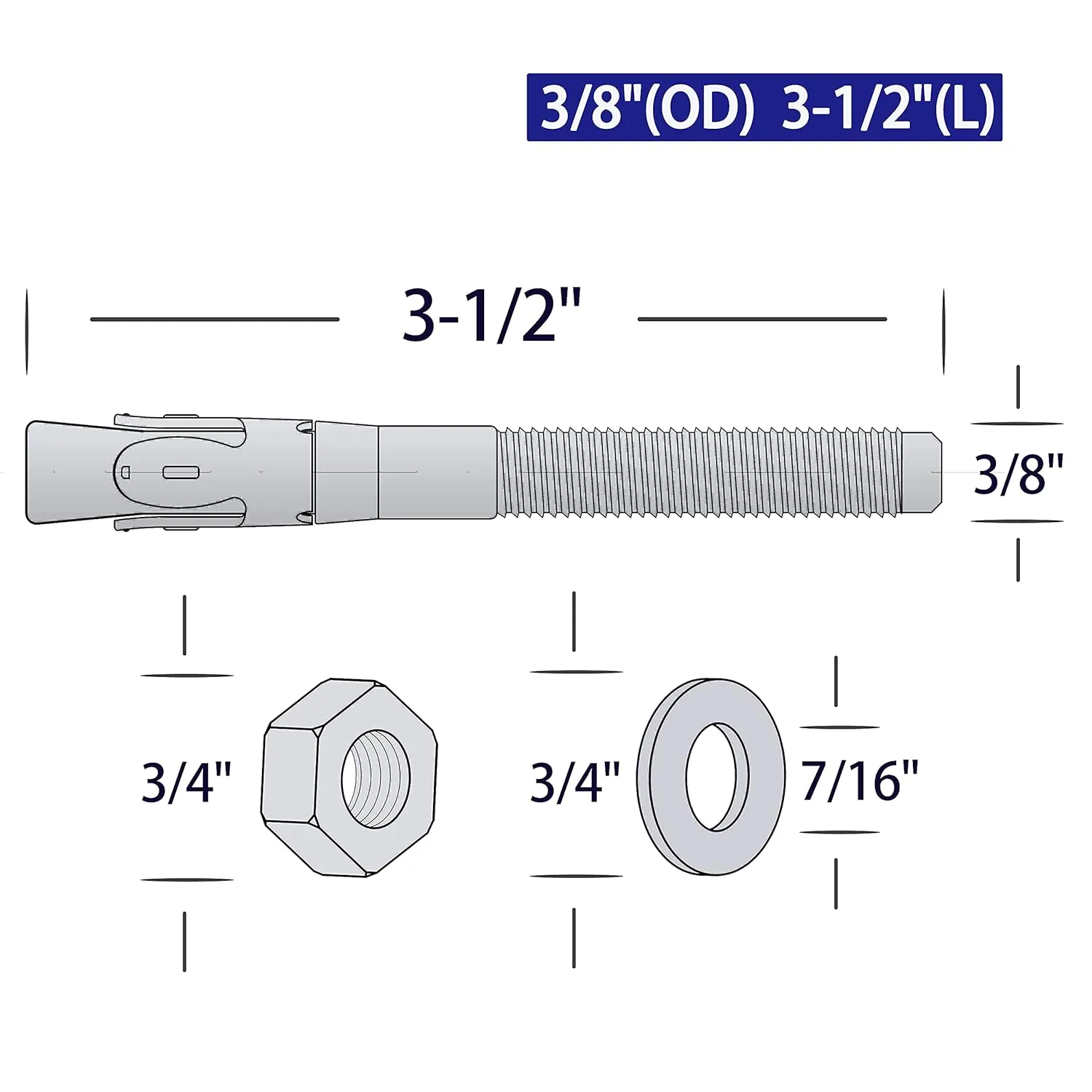 T316 Stainless Steel (Marine Grade) Wedge Anchor Bolt (3/8"×3-1/2", Black, 10 Pack)