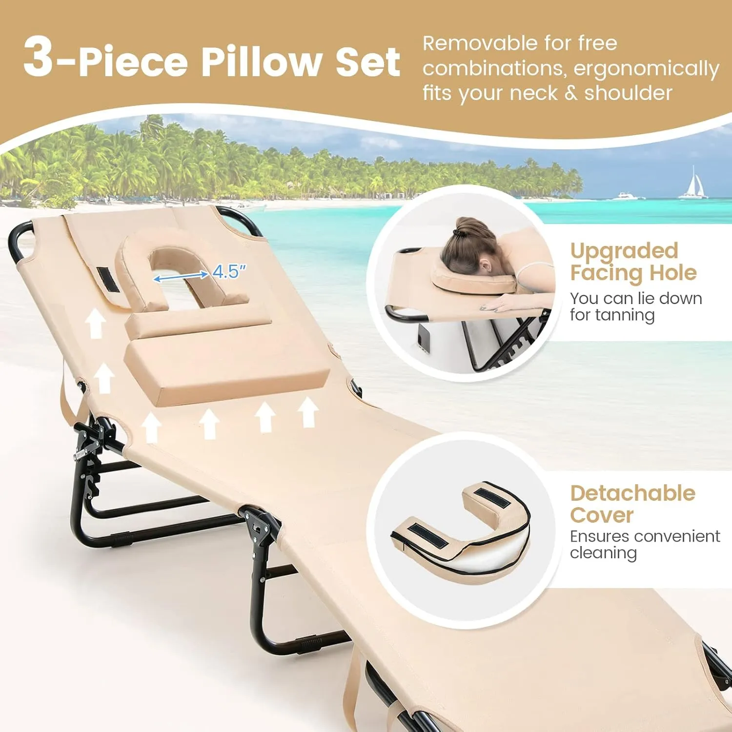 Tangkula Beach Lounge Chair, Folding Sunbathing Recliner with Face Hole, Face Down Tanning Chair with 5-Level Adjustable Backrest & 3 Removable Pillows, Chaise Lounge Chair for Patio (2, Beige)