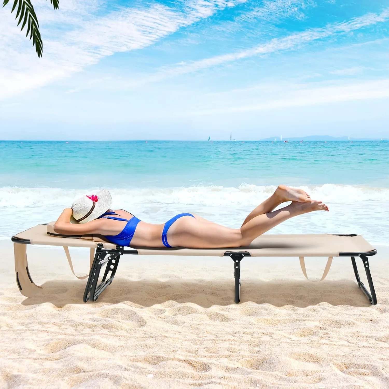 Tangkula Beach Lounge Chair, Folding Sunbathing Recliner with Face Hole, Face Down Tanning Chair with 5-Level Adjustable Backrest & 3 Removable Pillows, Chaise Lounge Chair for Patio (2, Beige)