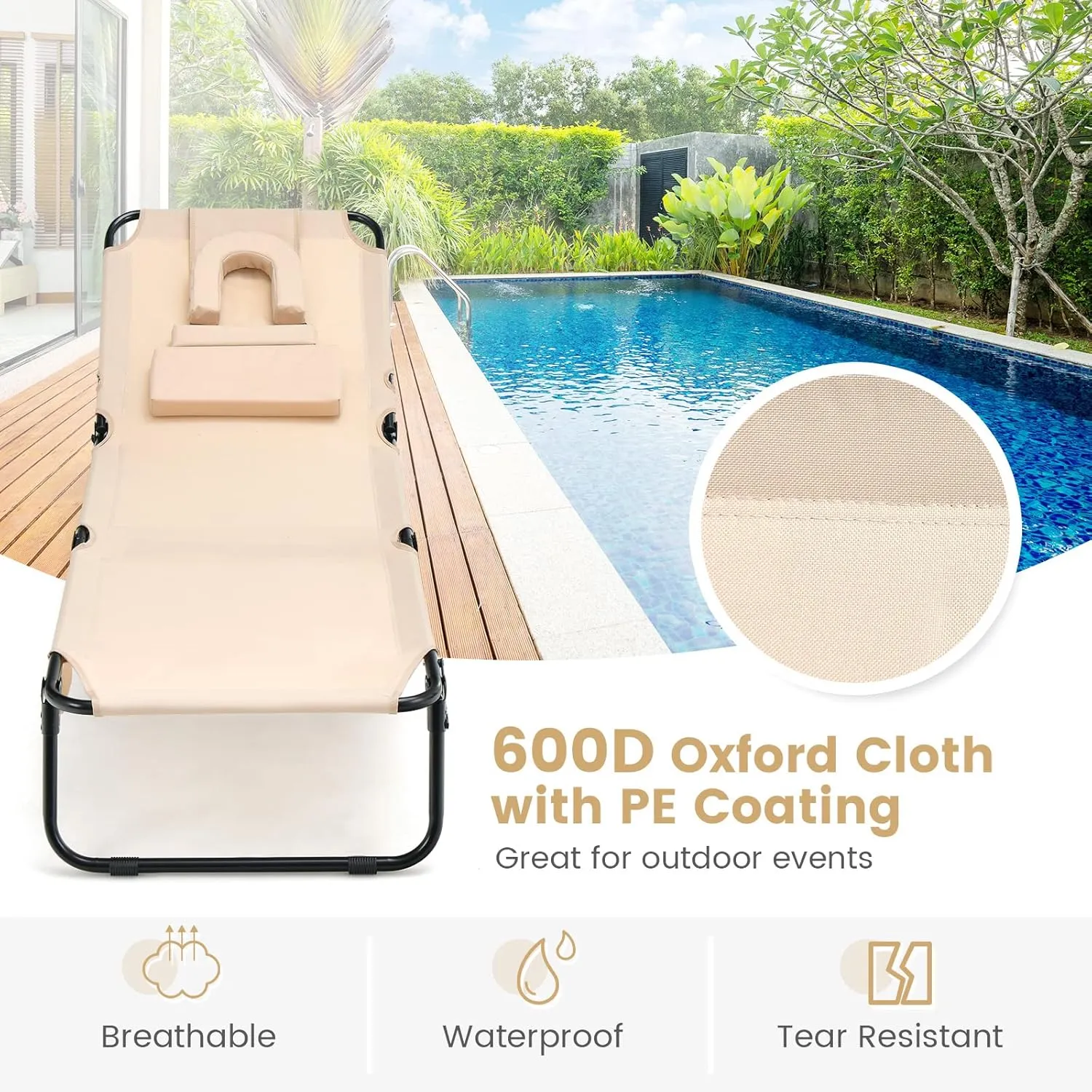 Tangkula Beach Lounge Chair, Folding Sunbathing Recliner with Face Hole, Face Down Tanning Chair with 5-Level Adjustable Backrest & 3 Removable Pillows, Chaise Lounge Chair for Patio (2, Beige)