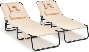 Tangkula Beach Lounge Chair, Folding Sunbathing Recliner with Face Hole, Face Down Tanning Chair with 5-Level Adjustable Backrest & 3 Removable Pillows, Chaise Lounge Chair for Patio (2, Beige)