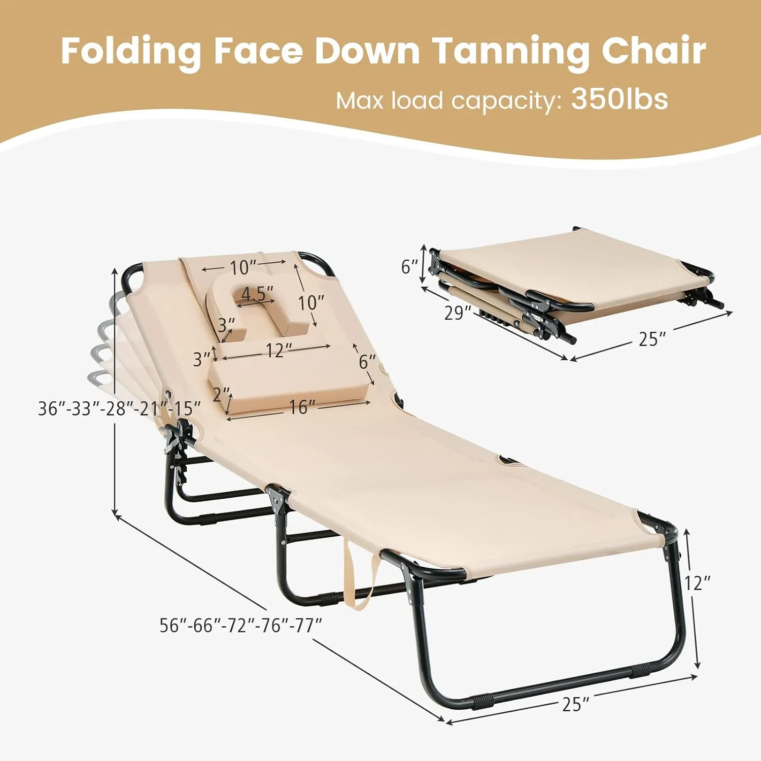Tangkula Beach Lounge Chair, Folding Sunbathing Recliner with Face Hole, Face Down Tanning Chair with 5-Level Adjustable Backrest & 3 Removable Pillows, Chaise Lounge Chair for Patio (2, Beige)