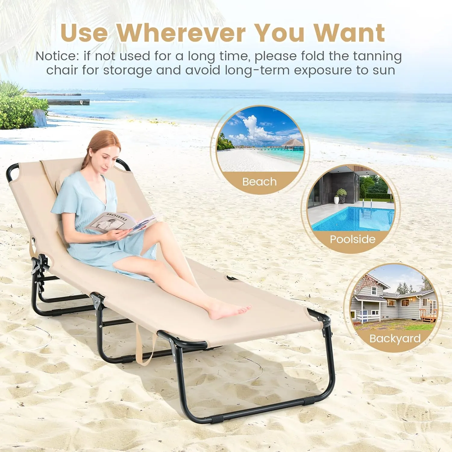Tangkula Beach Lounge Chair, Folding Sunbathing Recliner with Face Hole, Face Down Tanning Chair with 5-Level Adjustable Backrest & 3 Removable Pillows, Chaise Lounge Chair for Patio (2, Beige)