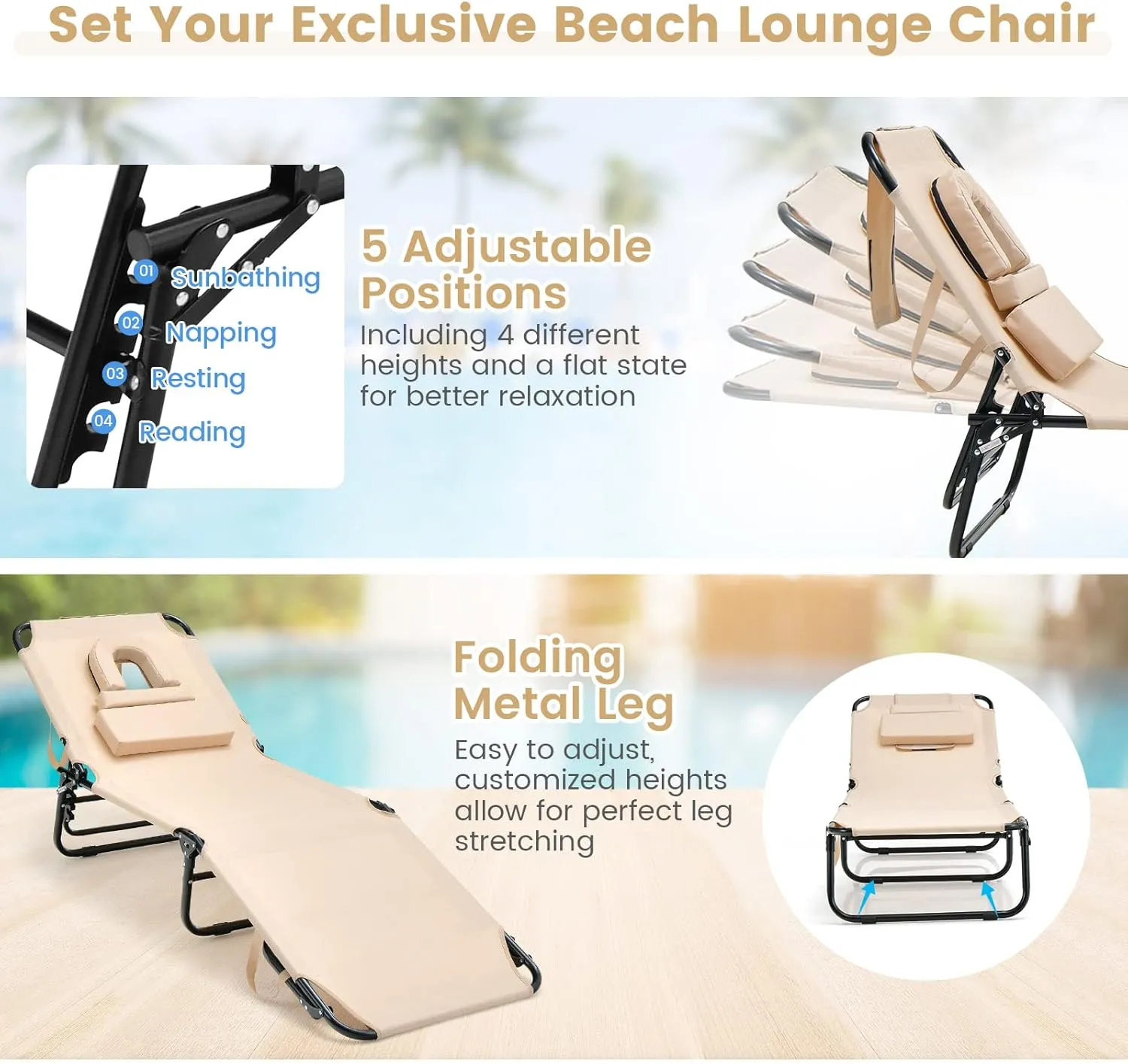 Tangkula Beach Lounge Chair, Folding Sunbathing Recliner with Face Hole, Face Down Tanning Chair with 5-Level Adjustable Backrest & 3 Removable Pillows, Chaise Lounge Chair for Patio (2, Beige)
