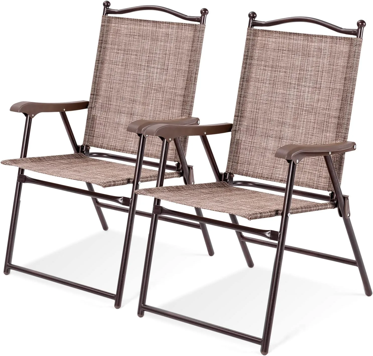 Tangkula Set of 2 Patio Folding Dining Chairs, Outdoor Sling Lawn Chairs with Armrests, Steel Frame, Portable Camping Lounge Chairs for Backyard, Deck, Poolside and Garden, No Assembly (1, Brown)