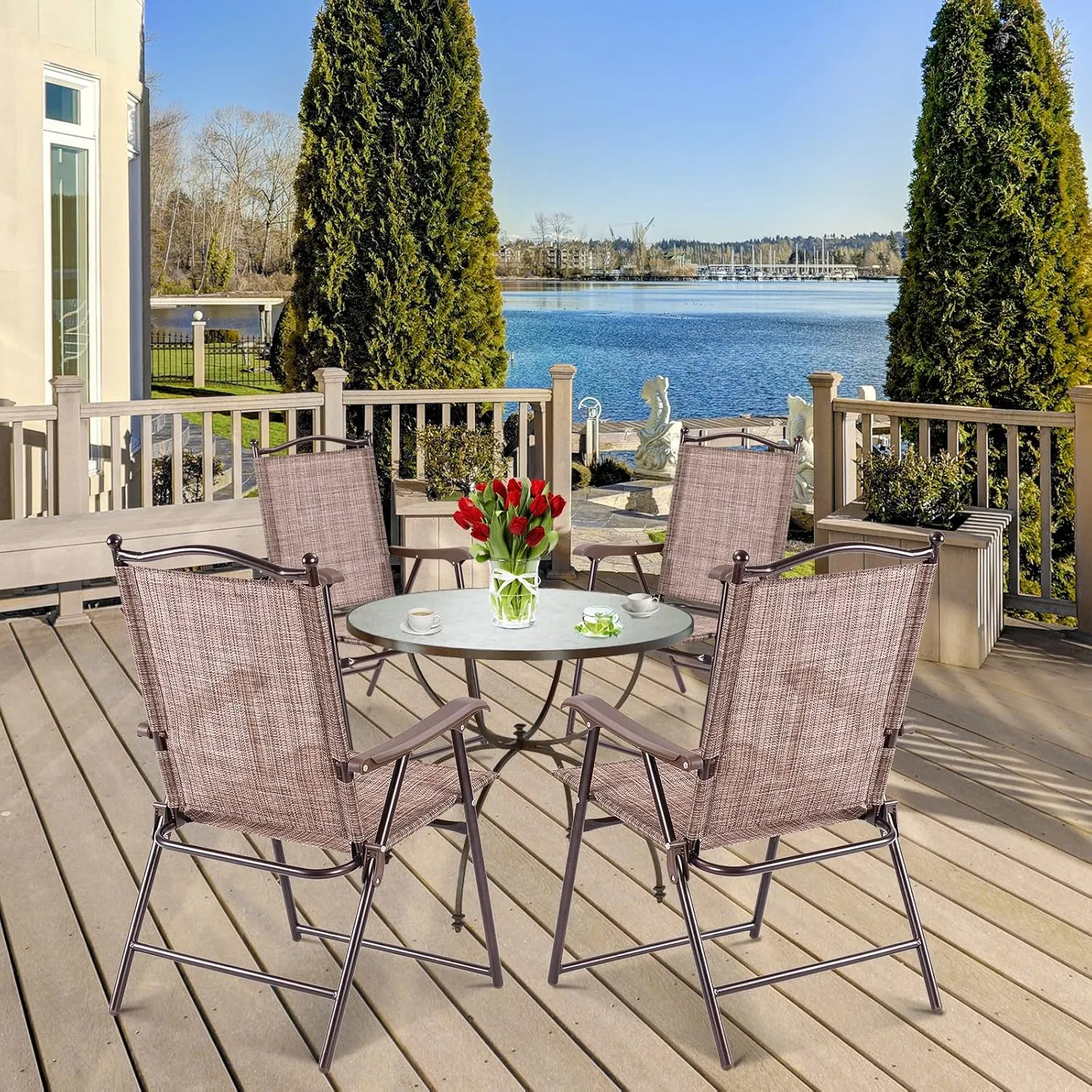 Tangkula Set of 2 Patio Folding Dining Chairs, Outdoor Sling Lawn Chairs with Armrests, Steel Frame, Portable Camping Lounge Chairs for Backyard, Deck, Poolside and Garden, No Assembly (1, Brown)