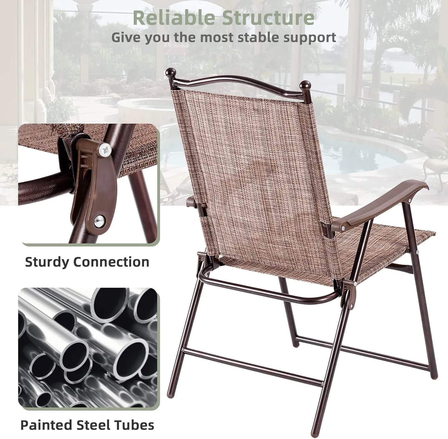 Tangkula Set of 2 Patio Folding Dining Chairs, Outdoor Sling Lawn Chairs with Armrests, Steel Frame, Portable Camping Lounge Chairs for Backyard, Deck, Poolside and Garden, No Assembly (1, Brown)