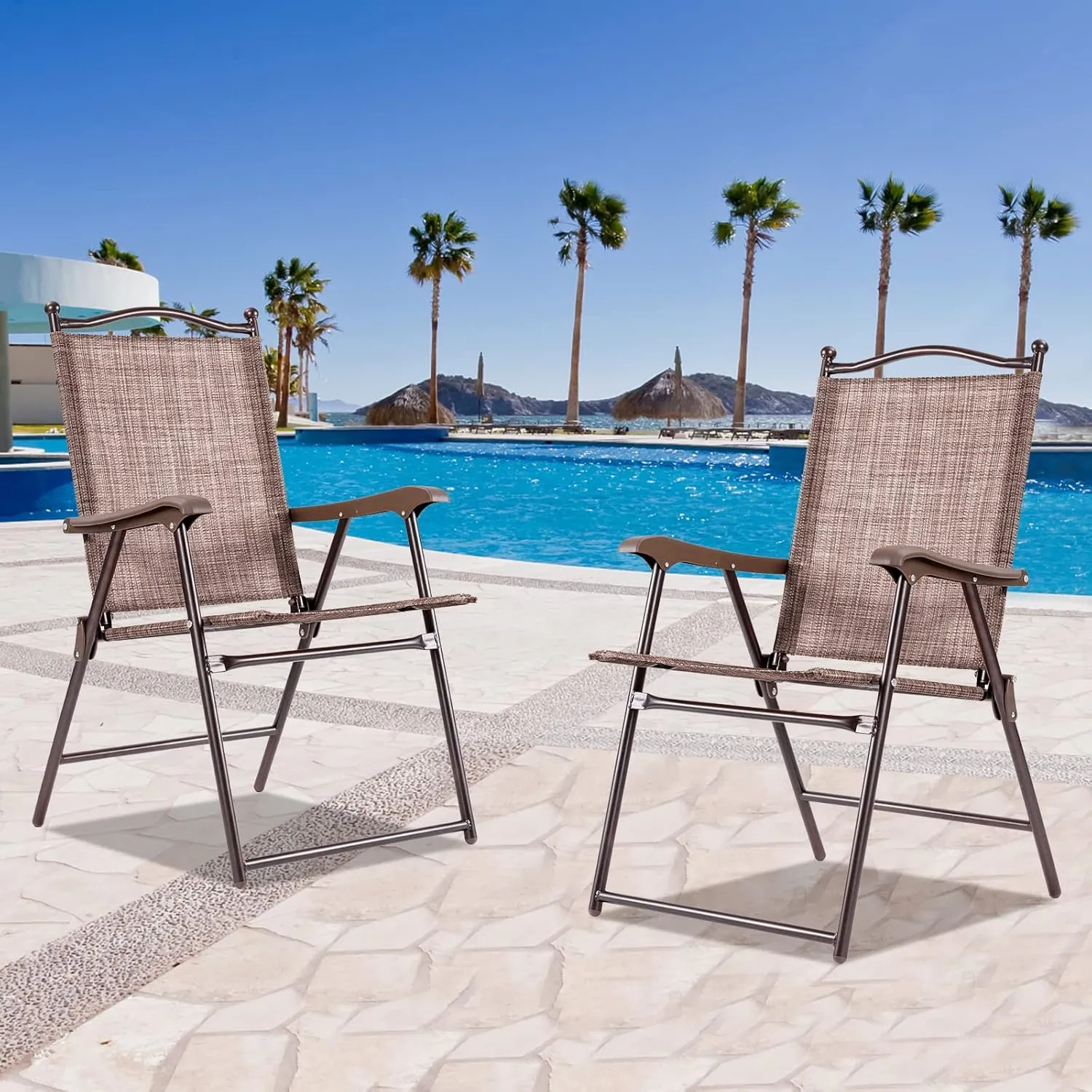 Tangkula Set of 2 Patio Folding Dining Chairs, Outdoor Sling Lawn Chairs with Armrests, Steel Frame, Portable Camping Lounge Chairs for Backyard, Deck, Poolside and Garden, No Assembly (1, Brown)