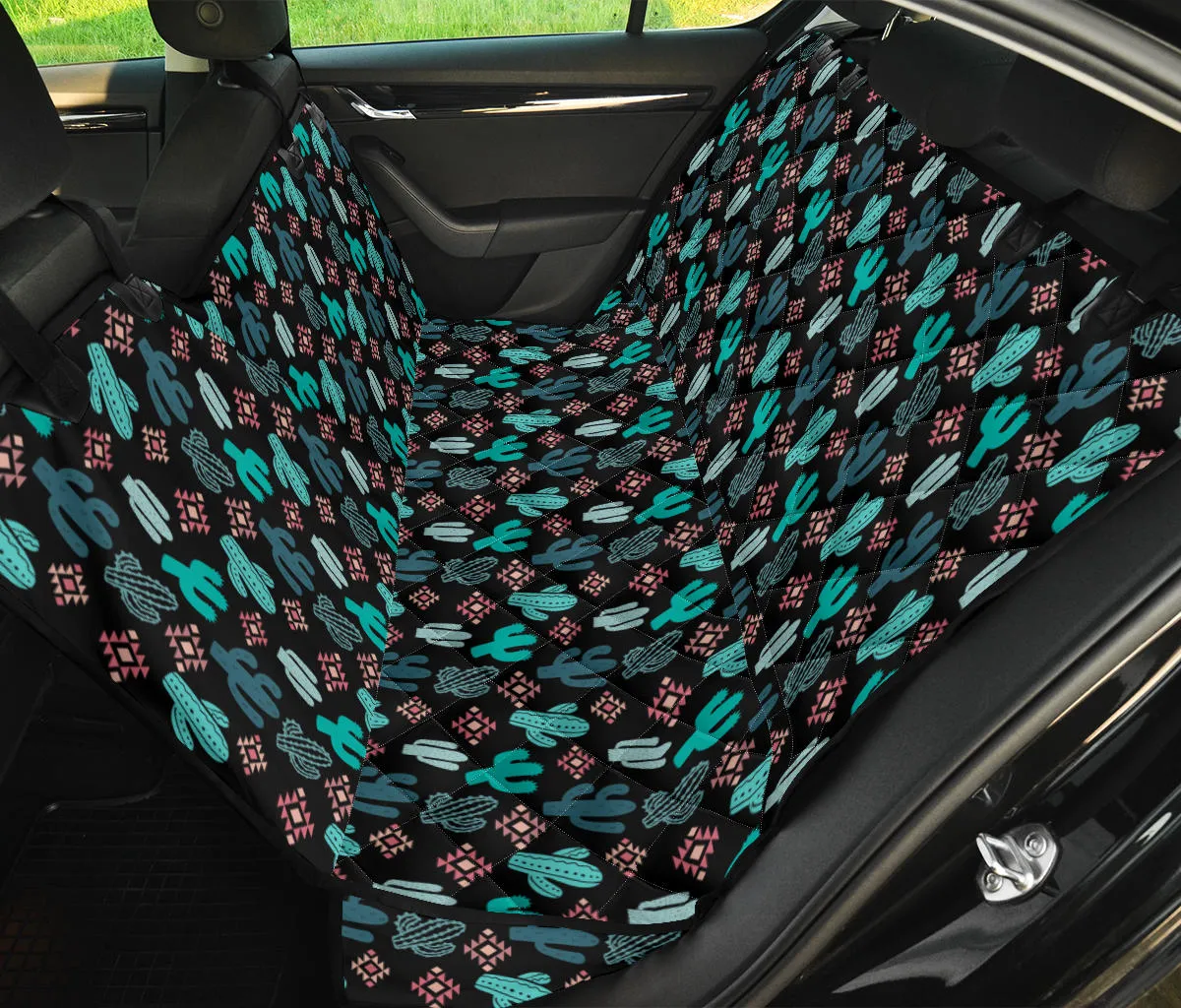 Teal and Pink Cactus Pattern Dog Hammock Back Seat Cover For Pets