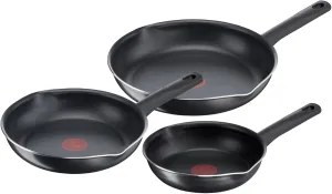 Tefal B56490 Day by Day On 3-Piece Pan Set 20/24/28 cm Non-Stick Cookware Deep Shape High Performance Titanium Non-Stick Coating Temperature Indicator, Black