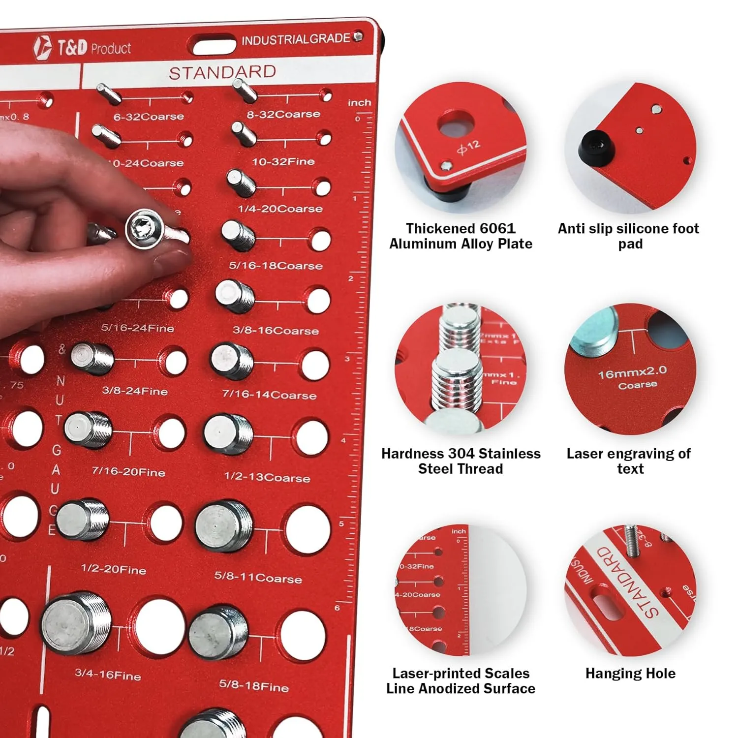 Thread Checker, 42 Nut and Bolt Identifier Gauge, Bolt Size and Thread Gauge, Thread Pitch Gauge, 19 Standard and 15 Metric Sizes Bolt Identifier Board with 8 Drill Bit Gauge (Red)