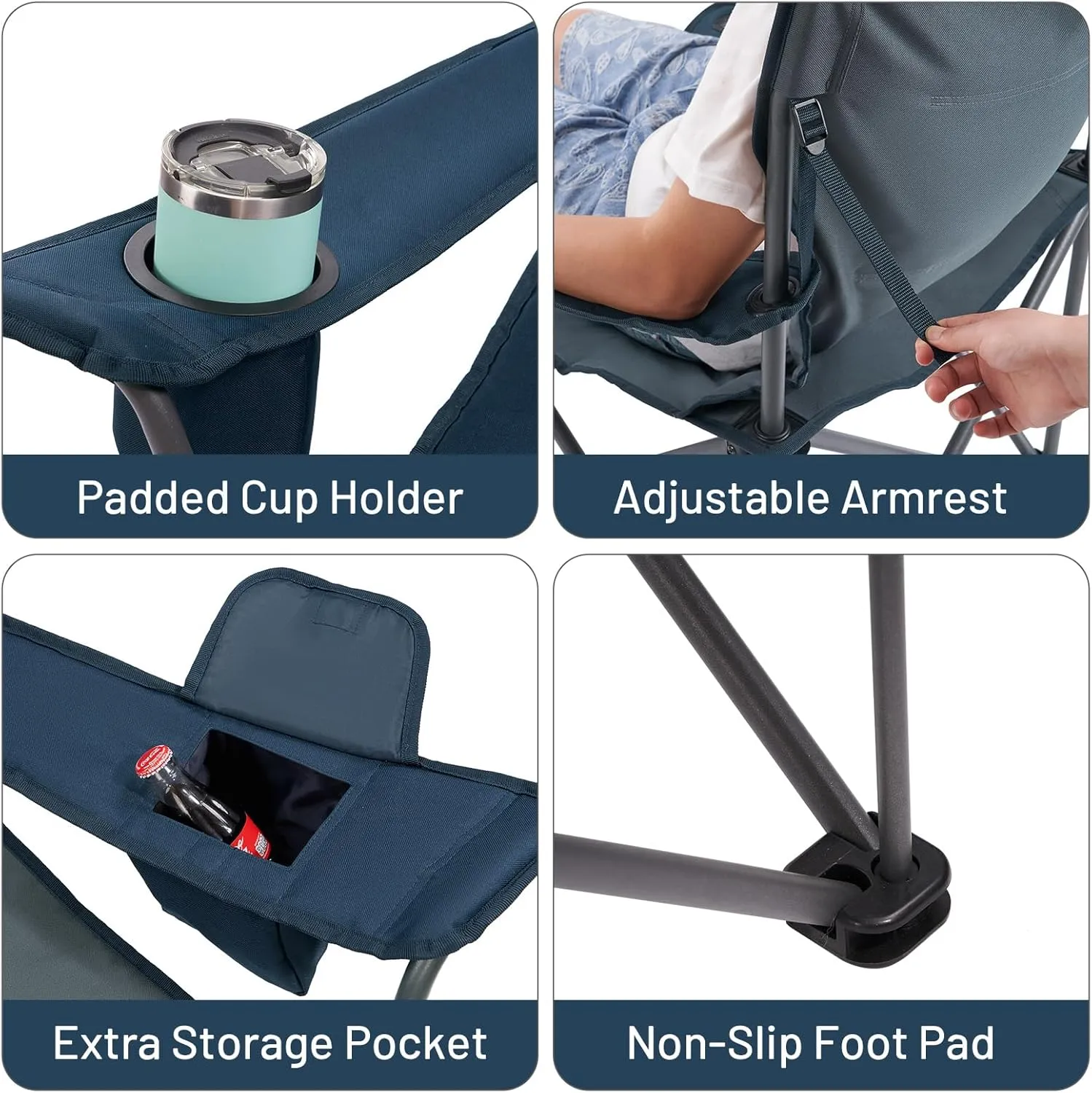 TIMBER RIDGE Oversized Folding Camping Chair Support 550 LBS, Heavy Duty Portable Chairs with Cup Holder Side Pocket for Lawn, Outdoor Picnic, Fishing, 2 Pack(Navy)