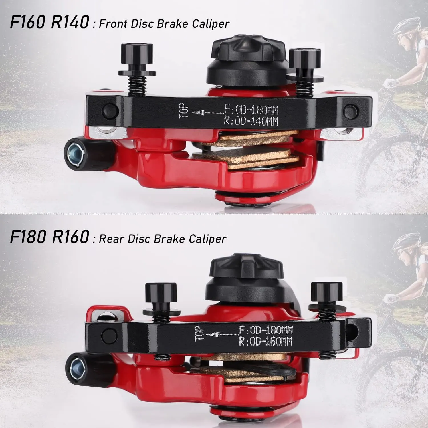 TOBWOLF 1 Pair Mechanical Disc Brake Kit, MTB Front & Rear Disc Brake Caliper with 160mm Rotor, Dual Piston Mechanical Disc Brake Set, Bicycle Accessories for Mountain Bike, Road Bike, BMX - Red