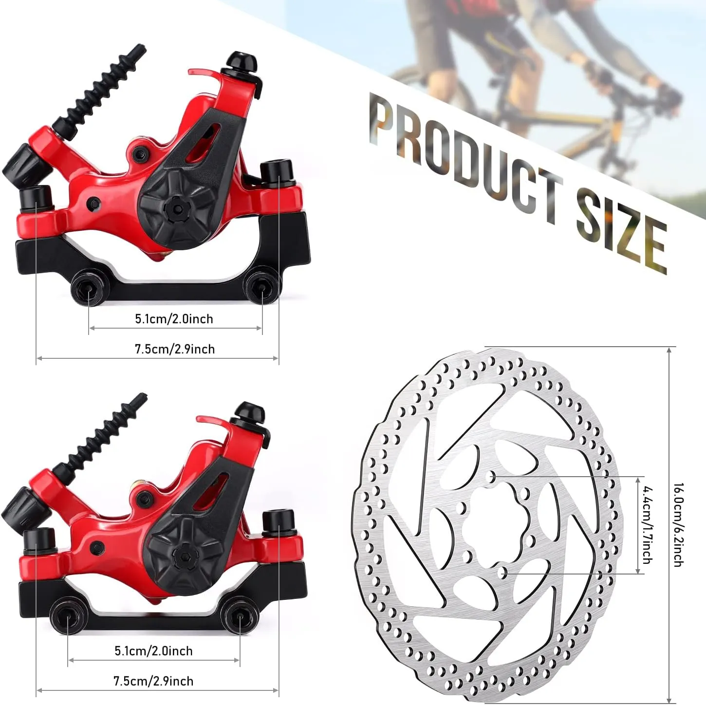 TOBWOLF 1 Pair Mechanical Disc Brake Kit, MTB Front & Rear Disc Brake Caliper with 160mm Rotor, Dual Piston Mechanical Disc Brake Set, Bicycle Accessories for Mountain Bike, Road Bike, BMX - Red