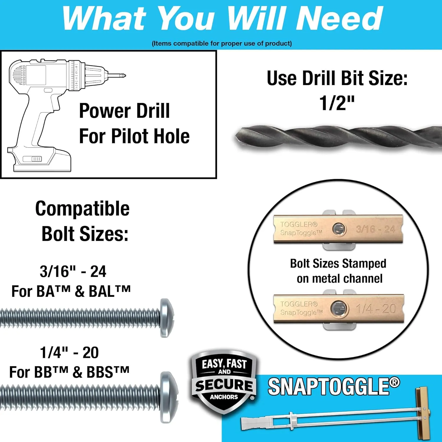 TOGGLER SNAPTOGGLE Heavy-Duty Drywall Toggle Bolt – 3/16"-24 UNC Zinc-Plated Anchor for Hollow Walls, Plaster & Tile – Holds 238 lbs in 1/2" Drywall, Easy Install – 100 Pack (W/O Bolts)