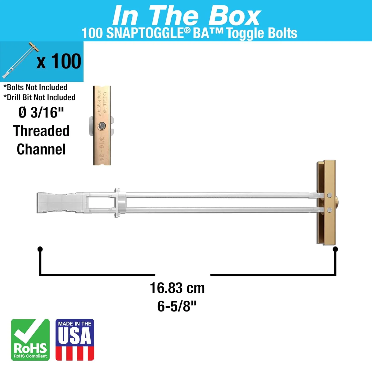 TOGGLER SNAPTOGGLE Heavy-Duty Drywall Toggle Bolt – 3/16"-24 UNC Zinc-Plated Anchor for Hollow Walls, Plaster & Tile – Holds 238 lbs in 1/2" Drywall, Easy Install – 100 Pack (W/O Bolts)