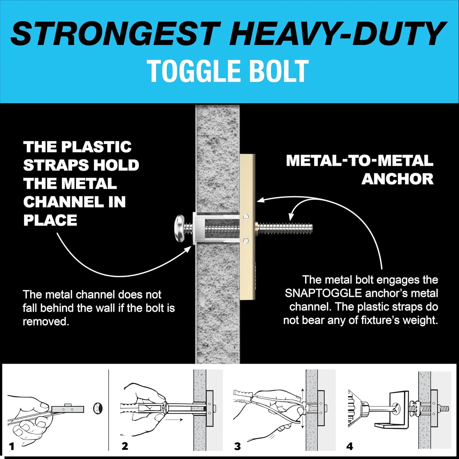 TOGGLER SNAPTOGGLE Heavy-Duty Drywall Toggle Bolt – 3/16"-24 UNC Zinc-Plated Anchor for Hollow Walls, Plaster & Tile – Holds 238 lbs in 1/2" Drywall, Easy Install – 100 Pack (W/O Bolts)