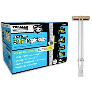 TOGGLER SNAPTOGGLE Heavy-Duty Drywall Toggle Bolt – 3/16"-24 UNC Zinc-Plated Anchor for Hollow Walls, Plaster & Tile – Holds 238 lbs in 1/2" Drywall, Easy Install – 100 Pack (W/O Bolts)