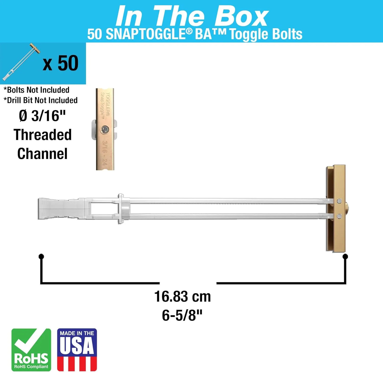 TOGGLER SNAPTOGGLE Heavy-Duty Drywall Toggle Bolt – 3/16"-24 UNC Zinc-Plated Anchor for Hollow Walls, Plaster & Tile – Holds 238 lbs in 1/2" Drywall, Easy Install – 50 Pack (W/O Bolts)